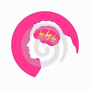 Migraine linear icon. Woman head with lightning bolt. Thunderclap head. Temple pressure, pain. Flu symptom. outline symbol. Vector
