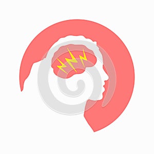 Migraine linear icon. Woman head with lightning bolt. Thunderclap head. Temple pressure, pain. Flu symptom. outline symbol. Vector