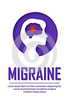 Migraine poster. Conceptual illustration of head pain in people of different ages. White poster with a silhouette of a child.