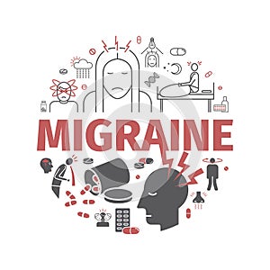 Migraines banner. Migraine symptoms. Headache line icons. Vector set. photo