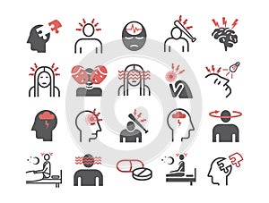 Migraines. Migraine symptoms. Headache line icons. Vector set.