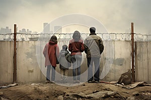 A migrant family near the border fence looking on destination country, longing for a better future. Their journey