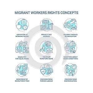 Migrant worker right blue concept icons set
