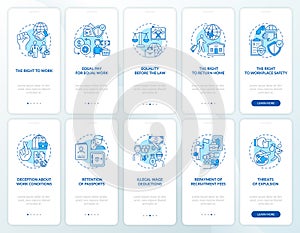 Migrant workers rights blue onboarding mobile app page screen with concepts set