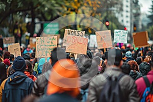 Migrants holding up signs with messages of peace and love, with a crowd of people behind them