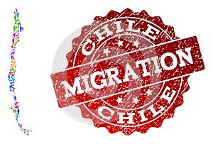 Migration Composition of Mosaic Map of Chile and Distress Seal Stamp