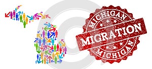Migration Composition of Mosaic Map of Michigan State and Grunge Stamp