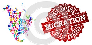 Migration Composition of Mosaic Map of North America and Grunge Seal Stamp