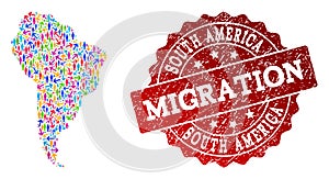 Migration Composition of Mosaic Map of South America and Distress Seal Stamp