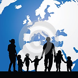 migration family with children and map in background illustration