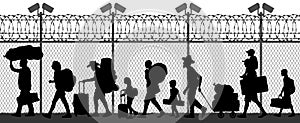 Migration of people across the border near the fence with cameras. Seamless silhouette vector illustration