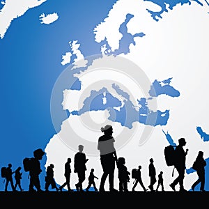 Migration people with map in background illustration