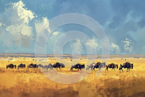 Migratory wildebeest herds, painted with oil or acrylic paints