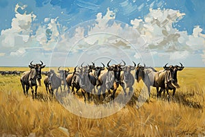 Migratory wildebeest herds, painted with oil or acrylic paints