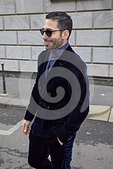 Miguel Angel Silvestre before Giorgio Armani fashion show, Milan Fashion Week street style
