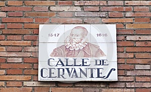 Miguel de Cervantes Saavedra street plaque. Madrid Literary Quarter