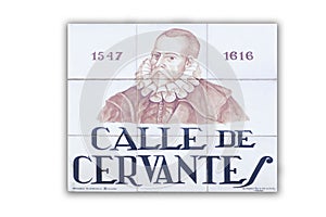 Miguel de Cervantes Saavedra street plaque. Madrid Literary Quarter photo
