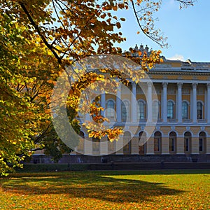 The Mikhailovsky Palace on the background of autumn leaves