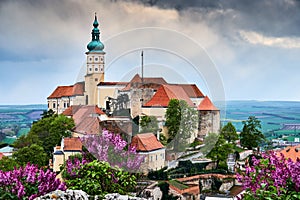 Mikulov castle or mikulov chateau on top of rock colorful panorama view over rooftops on the city.South Moravia Czech republic