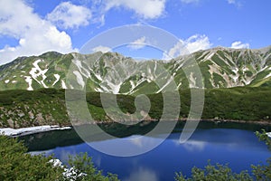 Mikurigaike pond and Tateyama mountain range with snow in summe