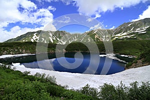 Mikurigaike pond and Tateyama mountain range with snow in summe