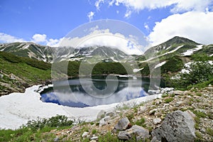 Mikurigaike pond and Tateyama mountain range with snow in summe