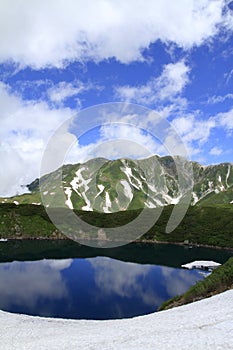 Mikurigaike pond and Tateyama mountain range with snow in summer