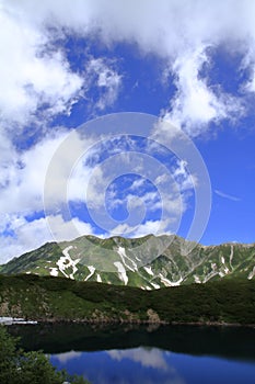 Mikurigaike pond and Tateyama mountain range with snow in summer