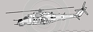 Mil Mi-24A Hind-B. Vector drawing of attack helicopter with.