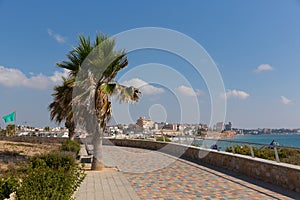 Mil Palmeras Costa Blanca Spain view from the paseo promenade to the beach and town with palm trees