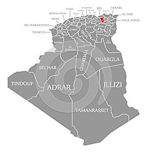 Mila red highlighted in map of Algeria photo