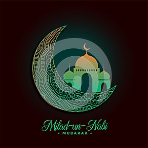 Milad un nabi wishes card design with mosque and moon