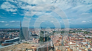 Milan aerial view of modern towers and skyscrapers and the Garibaldi railway station in the business district timelapse