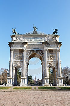 Milan Arco Della Pace Milano peace triumphal arch gate travel traveling town portrait format in Italy