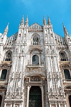 Milan Cathedral Duomo di Milano detail, Italy. It is top landmark of Milan. Luxury facade of Milan Cathedral close-up