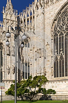 Milan Cathedral Duomo di Milano, gothic church, details of facade, Milan, Italy