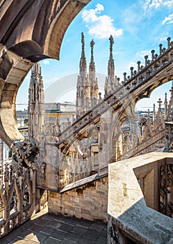 Milan Cathedral roof close-up, Italy, Europe. Detail of luxury exterior decorations. Milan Cathedral or Duomo di Milano is top