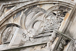 Milan cathedral roof gothic ornaments spire pointed archs statues