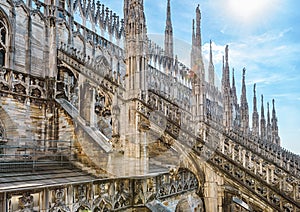 Milan Cathedral roof, Italy, Europe. Milan Cathedral or Duomo di Milano is top landmark of Milan city. Beautiful Gothic