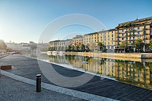 Milan city at sunrise at the Darsena and the Navigli, Italy