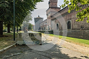 MILAN, ITALY - AUGUST 1, 2019: The Outer Wall of Castello Sforzesco - Sforza Castle in Milan