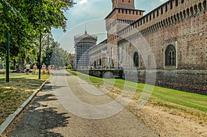 MILAN, ITALY - AUGUST 1, 2019: The Outer Wall of Castello Sforzesco - Sforza Castle in Milan