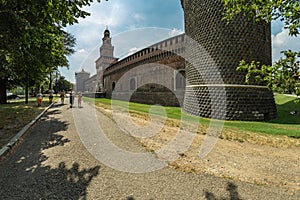 MILAN, ITALY - AUGUST 1, 2019: The Outer Wall of Castello Sforzesco - Sforza Castle in Milan