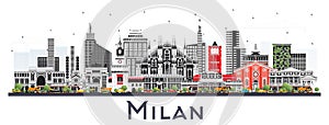 Milan Italy City Skyline with Color Buildings Isolated on White