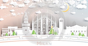 Milan Italy City Skyline in Paper Cut Style with Snowflakes, Moon and Neon Garland