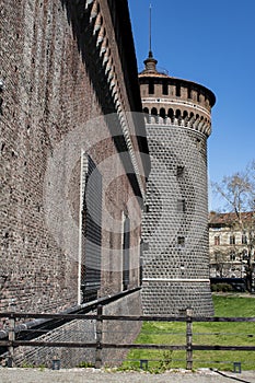 Milan, Italy, Europe, Sforza Castle, Castello Sforzesco, museum, tower, moat, ditch, bricks