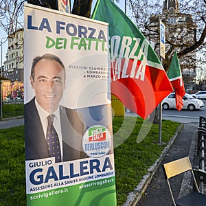 Campaigning on street of Milan, Italy for Giulio Gallera of Berlusconi`s Forza Italia Party ahead of 2018 Italian general electio