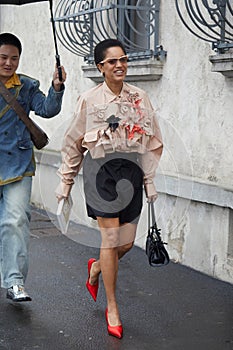 Tamu McPherson before Prada fashion show, Milan Fashion Week street style