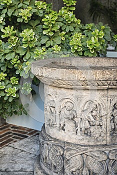 Milan Italy: historiated vase in via Francesco Ferrucci