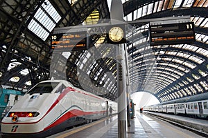 Freccia Argento - White Arrow - high speed train is ready for departure to Venice in the Milan Central railway station.